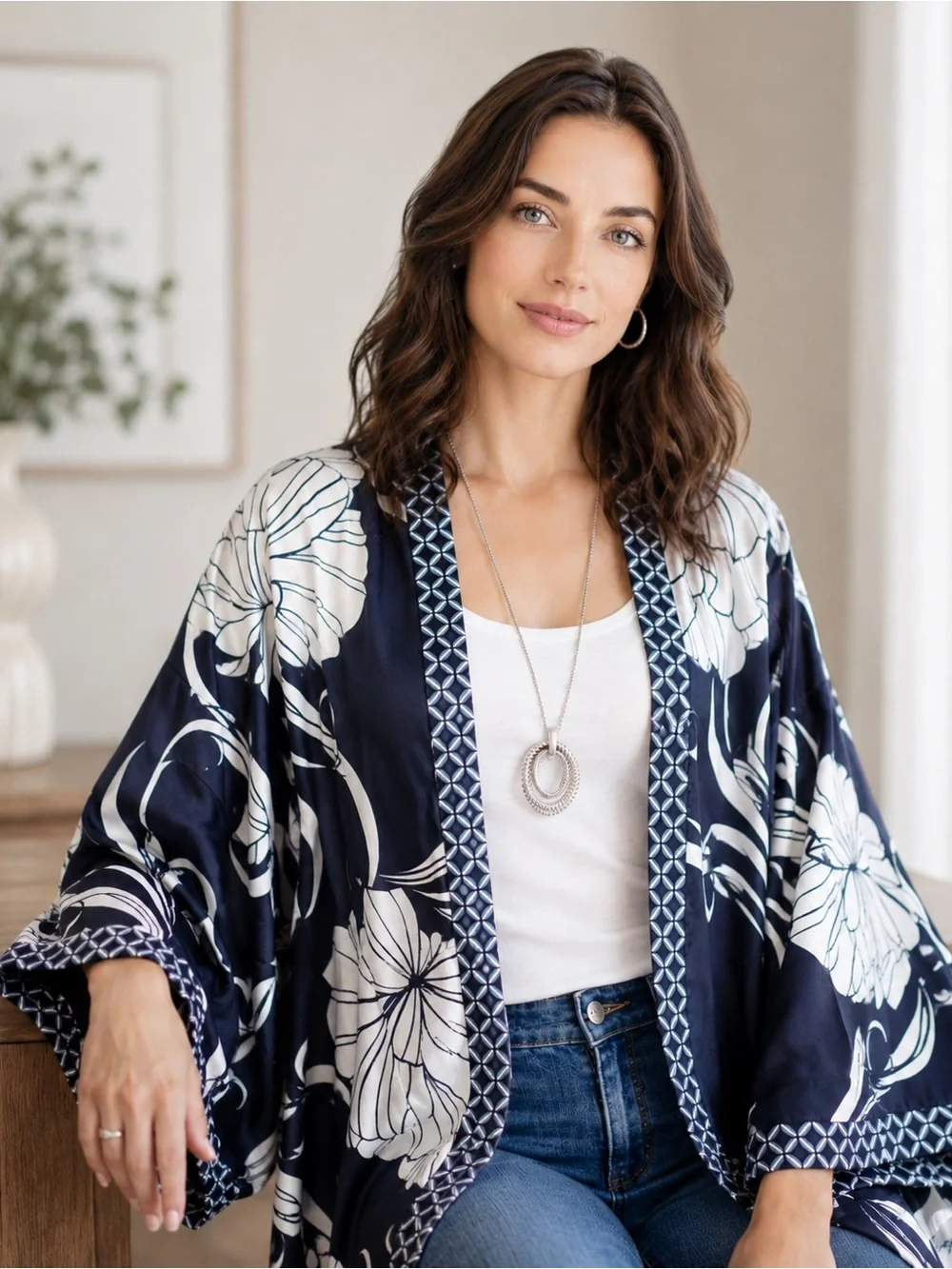 Chico's Reversible Black & White Floral Polka Dot Kimono Jacket Size L/XL - Picture 1 of 8